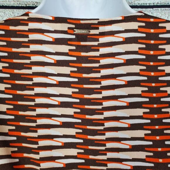 DKNY Brown Orange & Cream Geometric Print Tie Waist Top – Size S - Picture 3 of 8